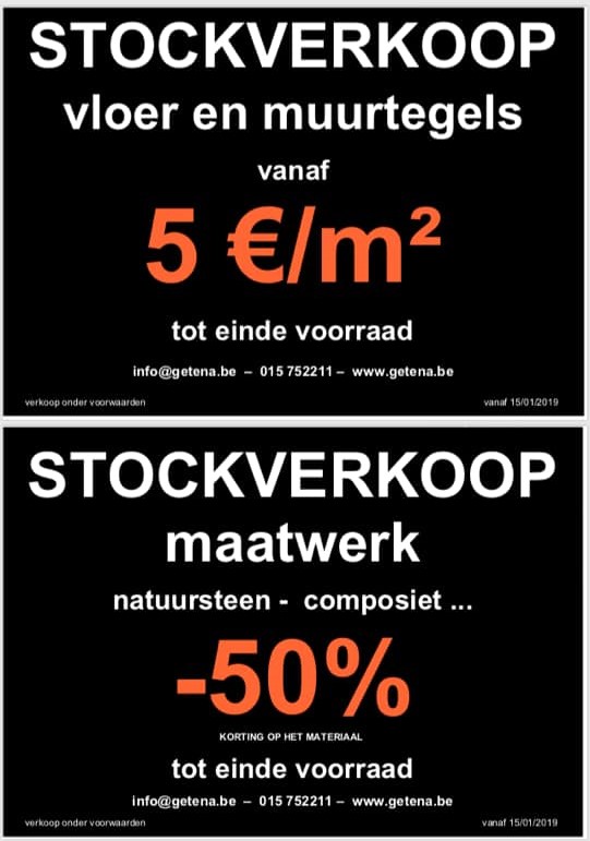 stockervkoop vloertegels muurtegels vanaf €5/m² en maatwerk (natuursteen, composiet,...) aan -50% (op het materiaal)